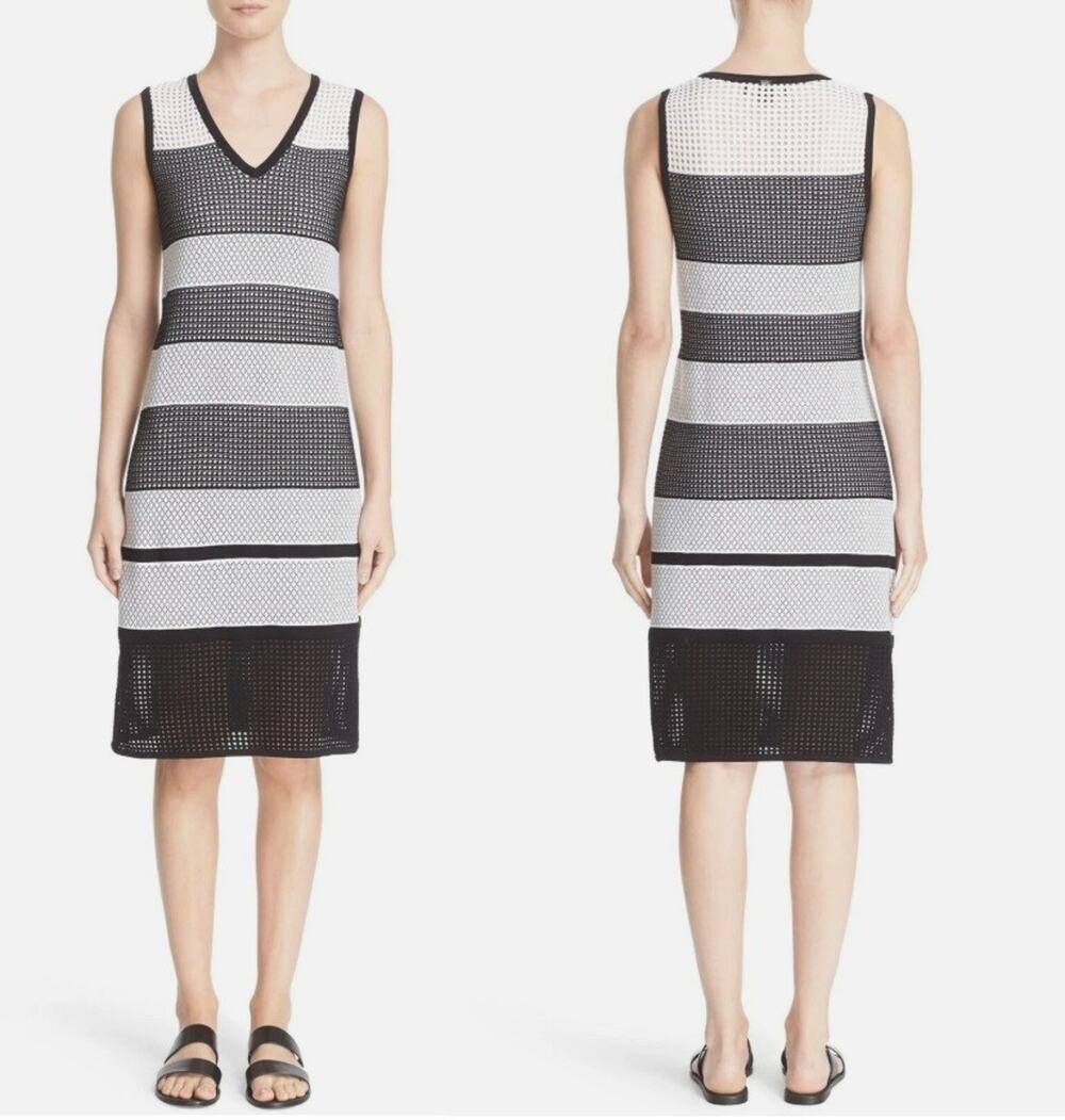 St. John Black White Striped Pointelle Mesh Knit Tank Dress V Neck Sz 8